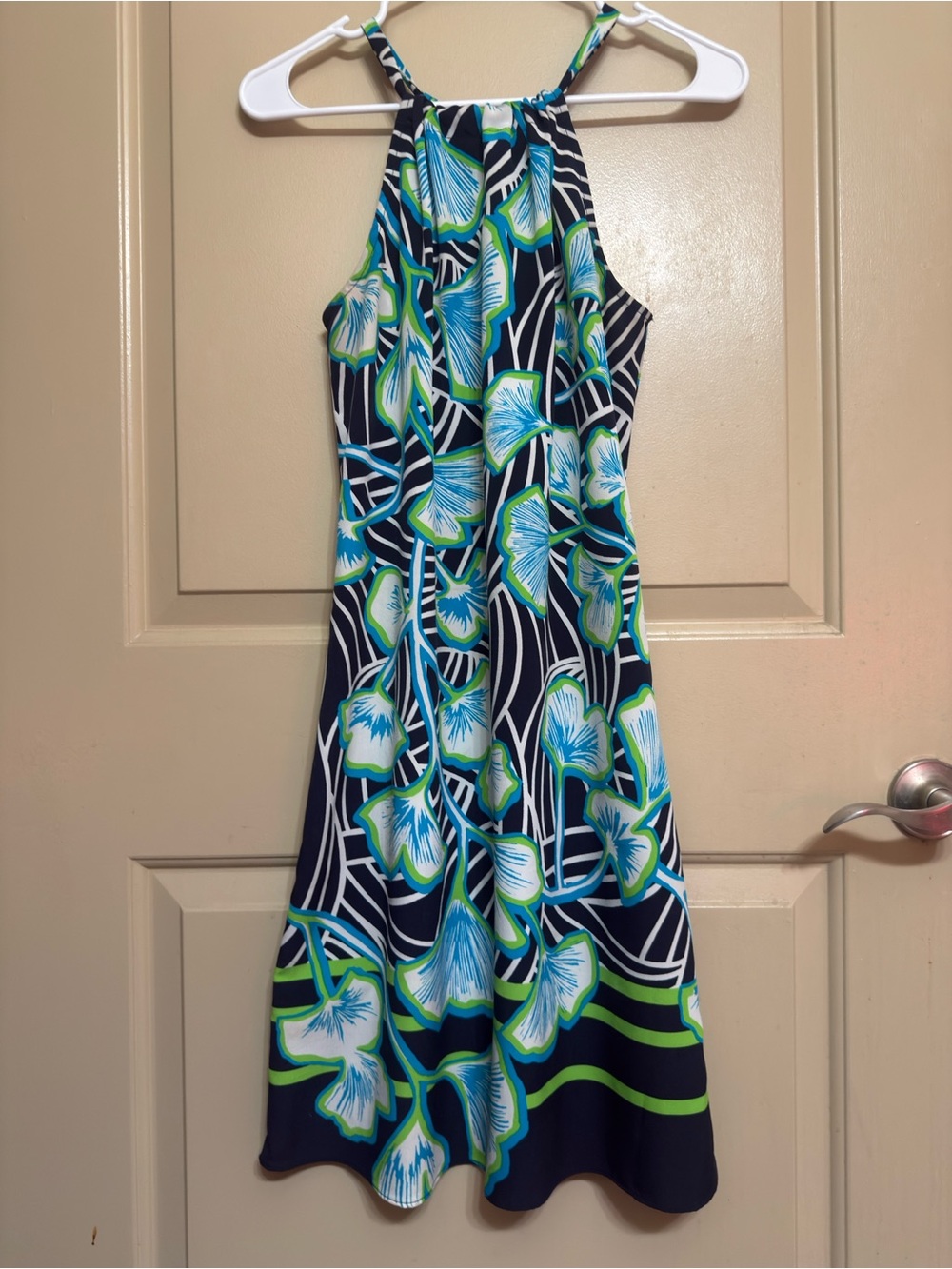 Crown & Ivy navy blue green white tropical print halter neck shift dress